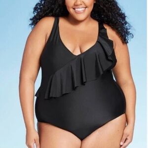 Kona Sol 24W Black One Piece Ruffle Bathing Suit